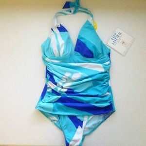 It Figures Hip Hider Halter Blue Shirred Swimsuit
